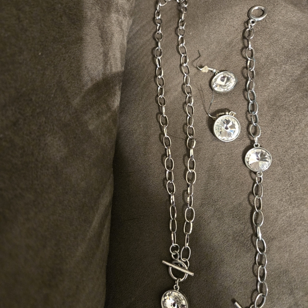 Paparazzi white rhinestone silver link necklace, bracelet, and earrings set